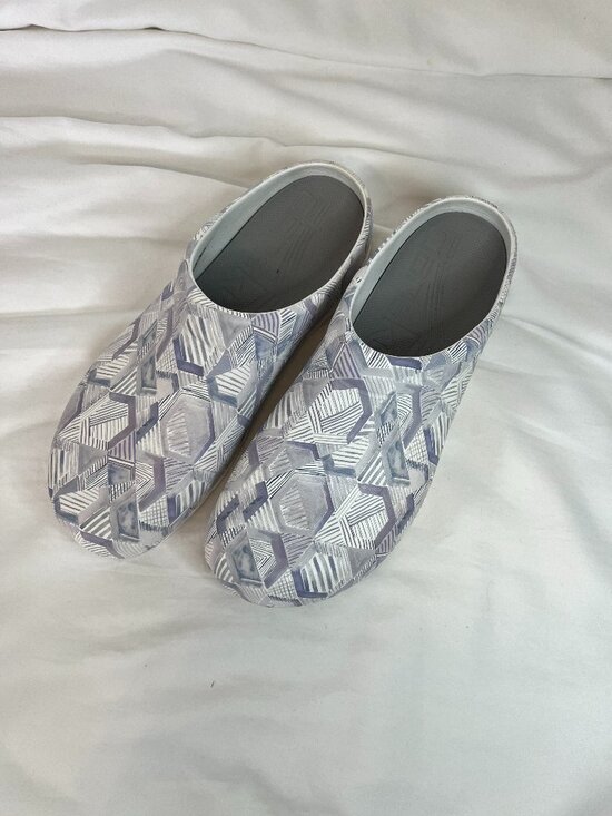 Dansko Shoes - Dansko White Blue Gray Geometric Pattern Clogs